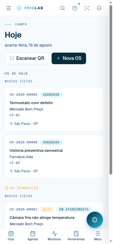 Tela Hoje do app Friolab no celular, com as ordens de serviço do dia